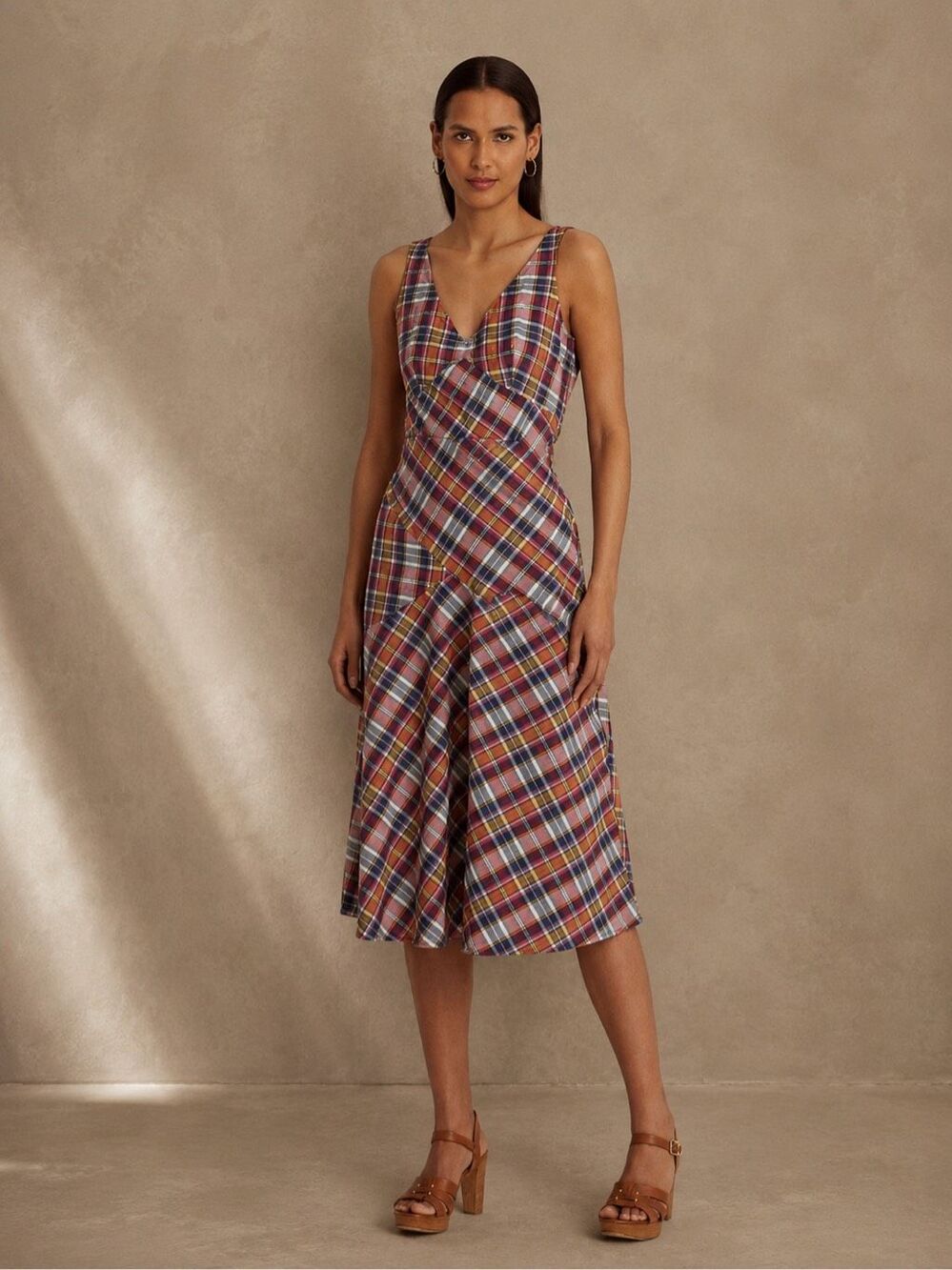 Lauren Ralph Lauren Size 10 NWT Madras Plaid Cotton A-Line Midi Dress